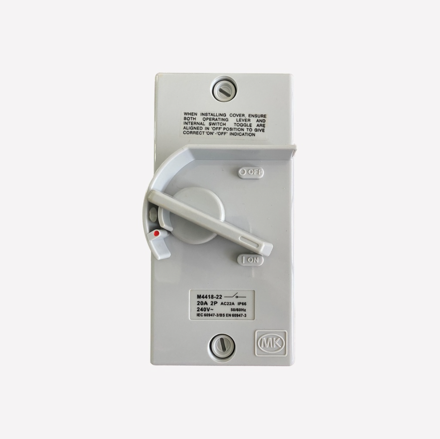 MK 20A 2 Pole Weatherproof Isolator M4418-22, Compact Outdoor Rated Dual Pole Safety Isolator Switch, Rated 20A for Secure Power Isolation in Maintenance or Emergency Situations